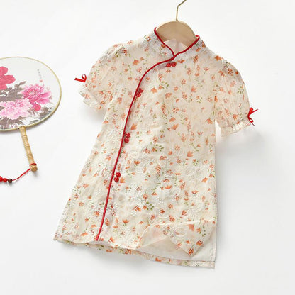 Children's Girls Skirt Summer Dress Little Girl Dress Chinese Style Classical Chiffon Floral Embroidery Cheongsam Skirt