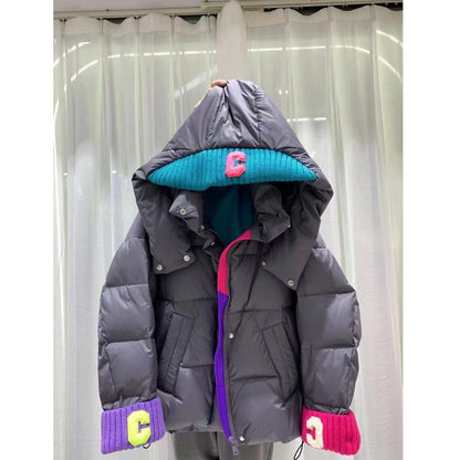 European Goods C Letter Knitted Cuffs Bread Down Jacket Women Winter Short White Duck Down Hooded Thick Loose Jacket
