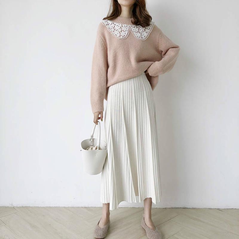 Pofulove Schoolgirl Lace O Neck Warm Knitwear Skin-friendly High Elasticity Girly Pullover Sweater