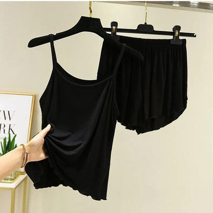 Women's Modal Suspenders Pajamas Suit Set Summer Vest Large Size Loose Thin Shorts Homewear Solid Color Two-piece Suit Ruffled Hem
