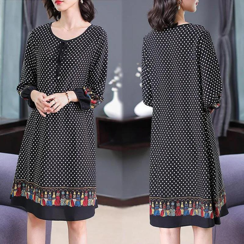WTEMPO Plus Size Ladies Dress Summer Round Neck Knee-length Chiffon Polka Dot Tassel Printing L-XXL
