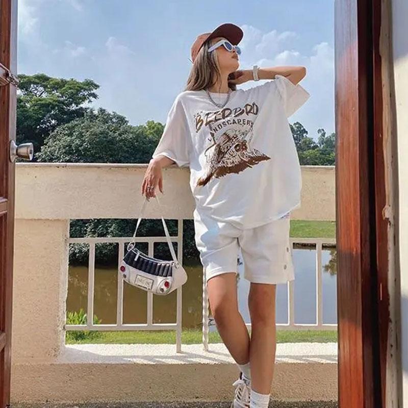 100% Cotton White T-shirt Women Retro Print Short-sleeved T-shirt Loose Street Casual Couple Tops