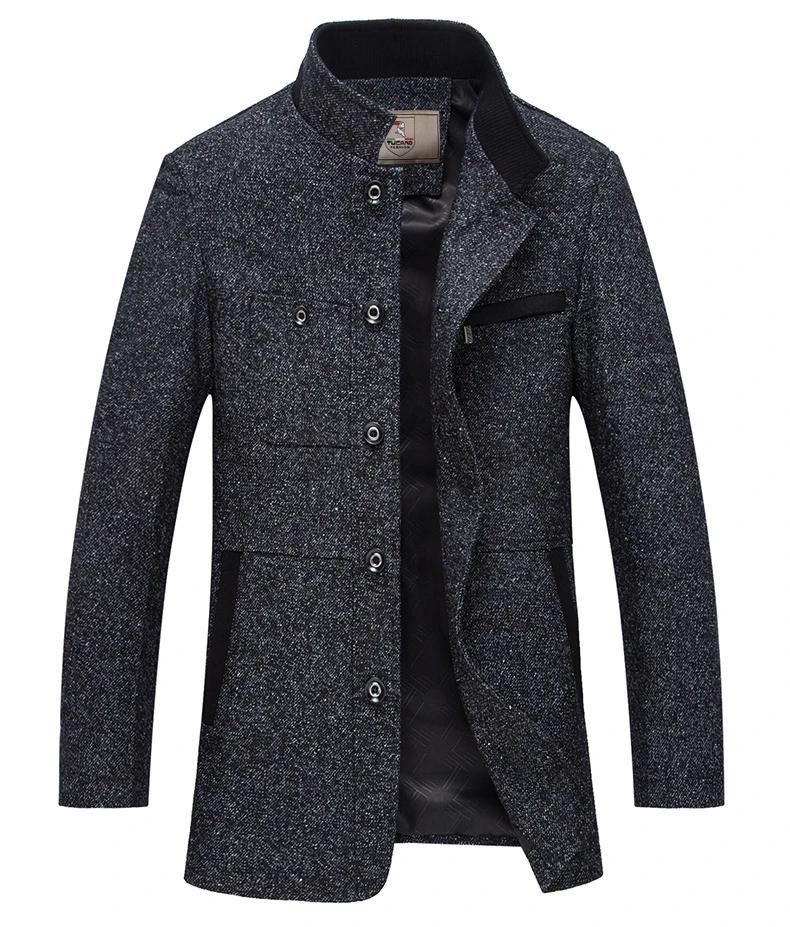 Men's Autumn and Winter Wool Plus Velvet Padded Jacket Stand-collar Casual Jacket Male Warm Thick Coats Mid-length Thick Coat Black Grey Outerwear