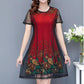 XL-XXXXXL Plus Size  Mid-length Printed Round Neck Thin Chiffon Neck Short Sleeve  Over-the-knee Dress Mom A-line Skirt