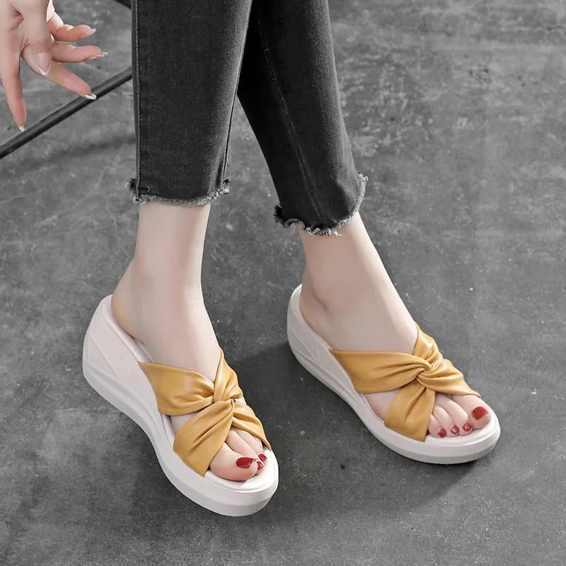 Wedge Heel Slippers Women's Platform Sandals Cross Bow Summer All-match PU Shoes High Heel Flip Flops Vintage Temperament Slippers Casual Beach Wear