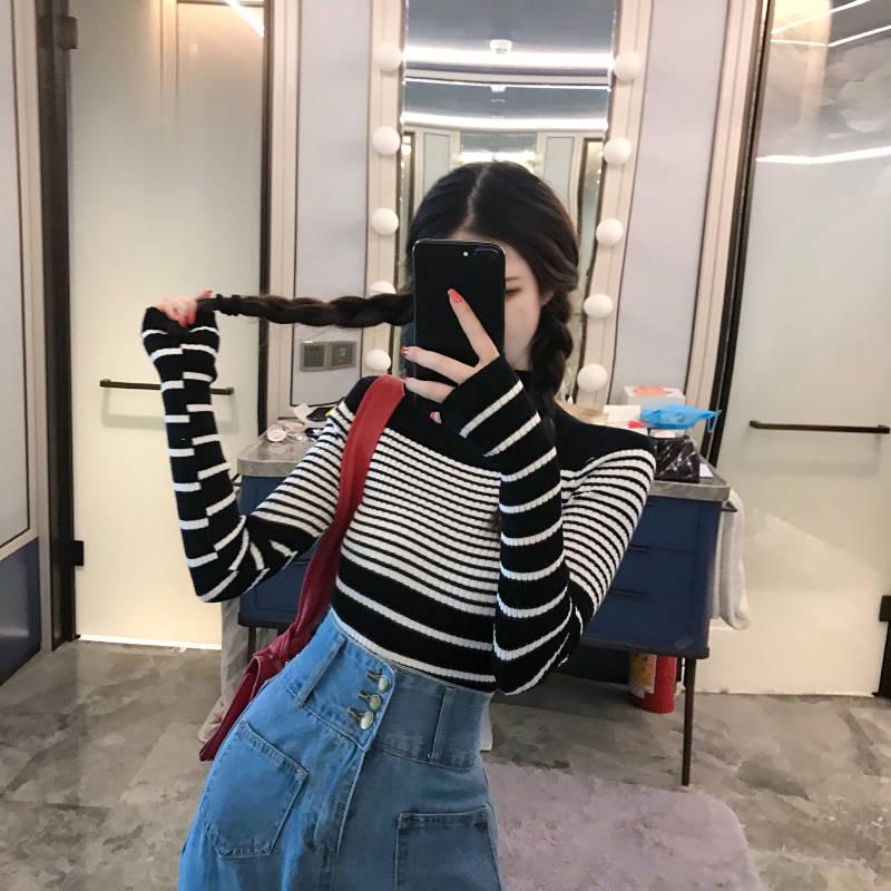 Pofulove Winter Fashion Women's Striped Long Sleeve Sweater Inner Net Red Sweatshirt Bottoming Shirt