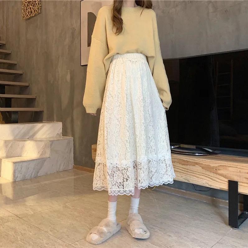 High Waist Lace Skirt Elegant Flower Embroidered Women's Summer A-line Bottoming Mid-length All-match Drape Skirt