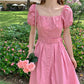 Women's Summer Mid-length Skirt Solid Color Square Neck Puff Sleeve Dress