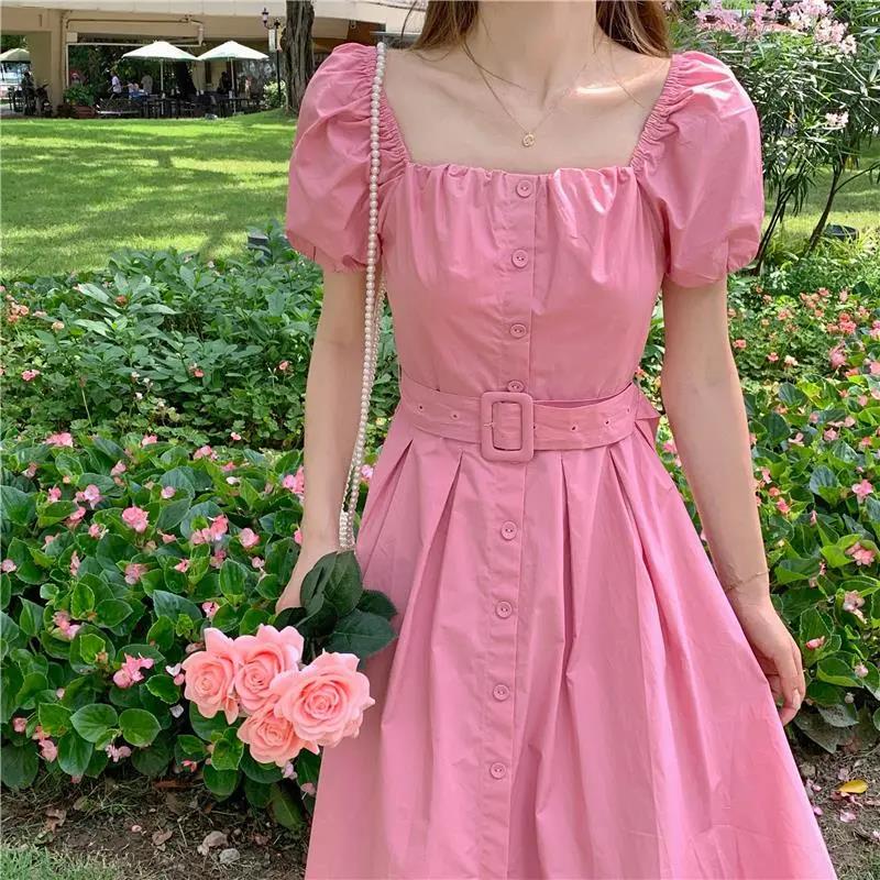 Women's Summer Mid-length Skirt Solid Color Square Neck Puff Sleeve Dress