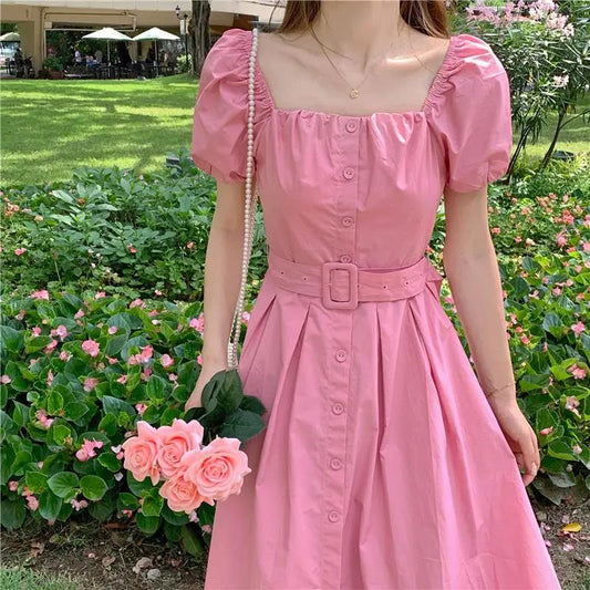 Women's Summer Mid-length Skirt Solid Color Square Neck Puff Sleeve Dress