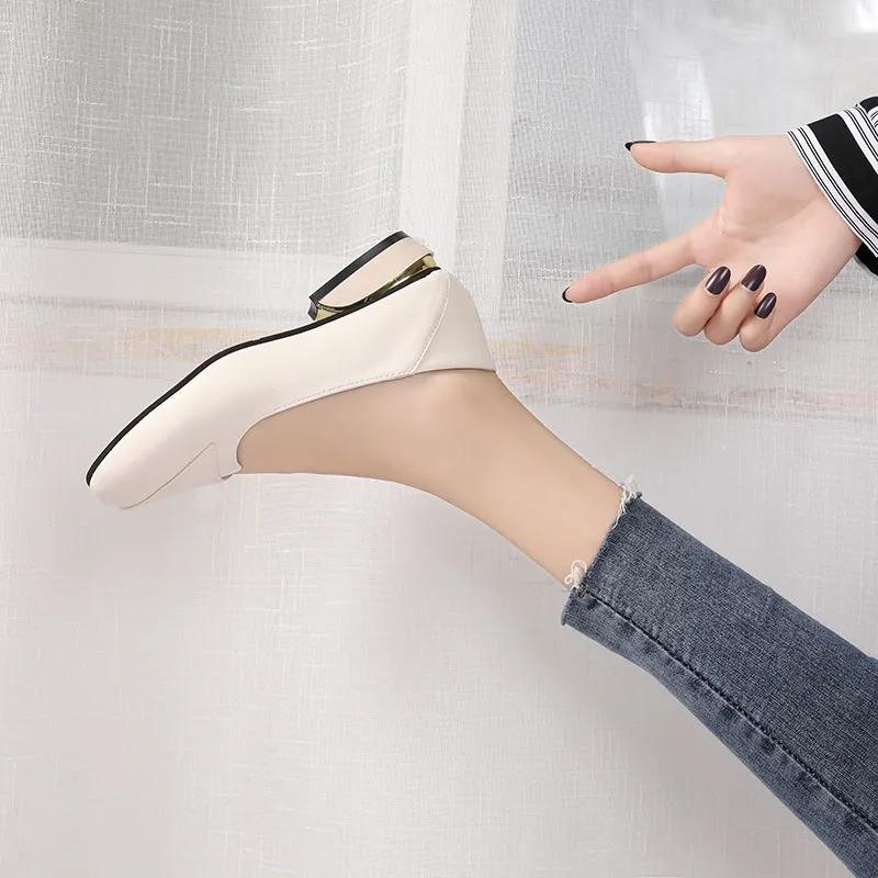 Women's Thick-heel Casual Shoes Mid-heel Pumps Professional Work Shoes Low-top Shoes Leather Shoes Mother Shoes