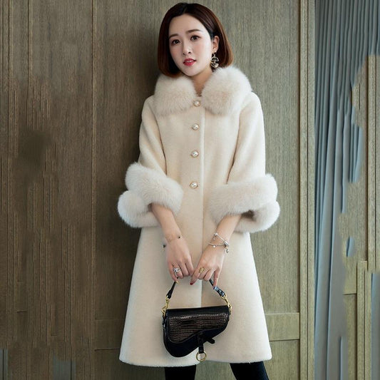 Autumn and Winter New Faux Sheep Shearling Coat Women Mid-length Faux Fox Fur Collar Loose Grain Fleece Faux Fur Coat