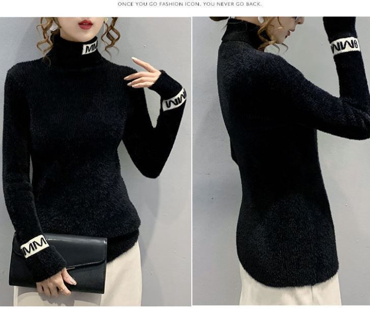 Turtleneck Sweater Women's Waterproof Mink Fleece Slim Fit Thin Bottoming Shirt Letter Print Long Sleeve Knit Sweater