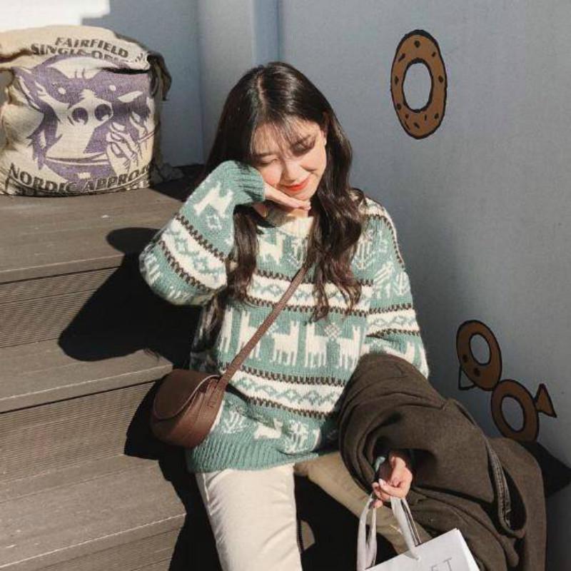 Pofulove Autumn Winter Retro Round Neck Thick Sweater Women Loose Wear Lazy Wind Moose Sweater Coat