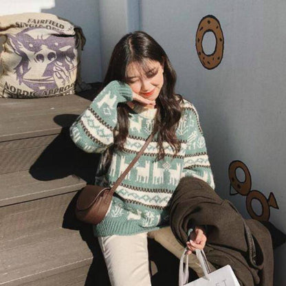 Pofulove Autumn Winter Retro Round Neck Thick Sweater Women Loose Wear Lazy Wind Moose Sweater Coat
