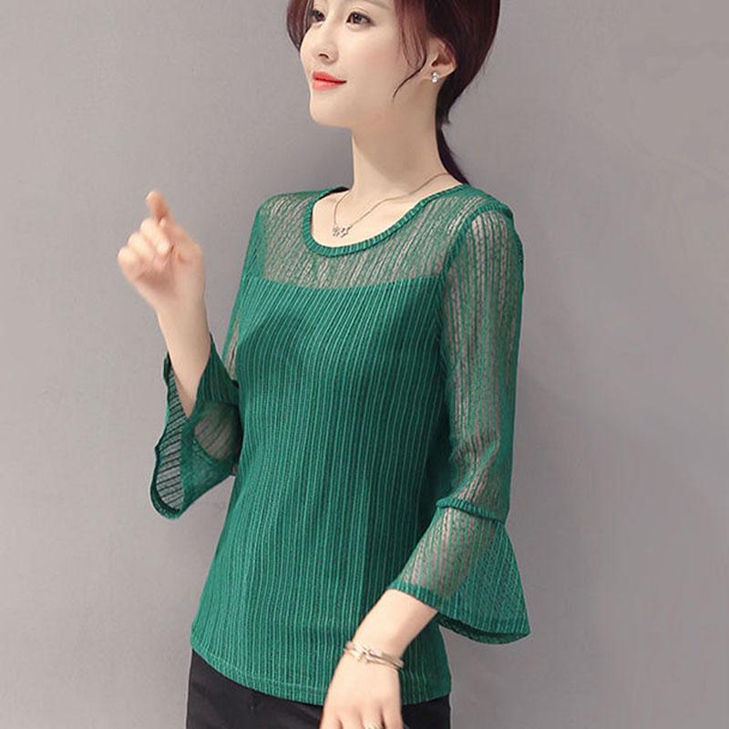 Women's Summer Loose Long Sleeve Top Print Versatile Round Neck Chiffon T-Shirt