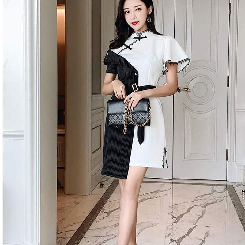 Pofulove Improved Cheongsam Dress Summer Women's Plus Size Dress Striped Irregular Dress Elegant