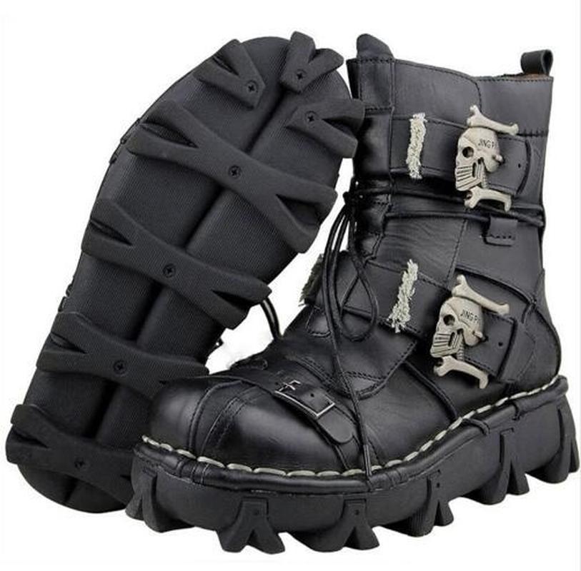 Men Genuine Leather Military Uniform Boots Gothic Skull Punk Martin Platform Mid-calf Boots