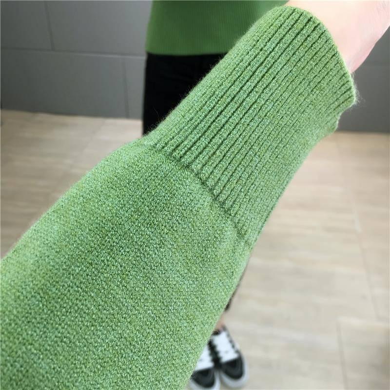 Women's Green turtleneck sweater Warm winter Long Sleeve knit Pullover jumper Solid Sweater short