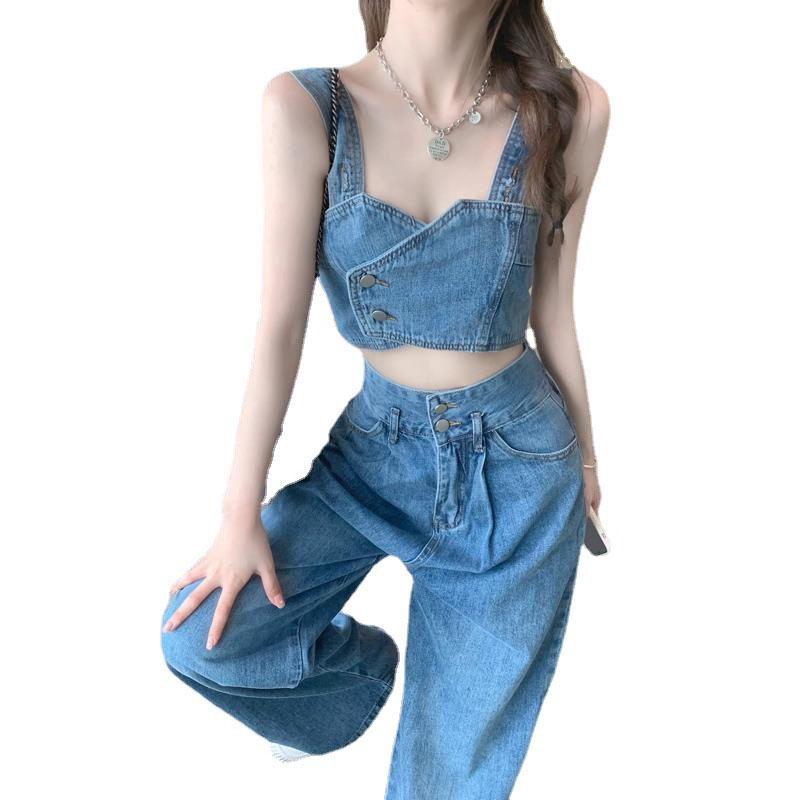 2PCS Denim Suit Women's Short Small Camisole Tube Top Top + Mopping Trousers High Street Two-piece Elegant Ladies Suit