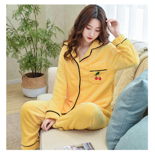 Genuine Flannel Autumn and Winter Women's Pajamas Plus Velvet Thick Coral Fleece Suit Large Size Warm Home Service