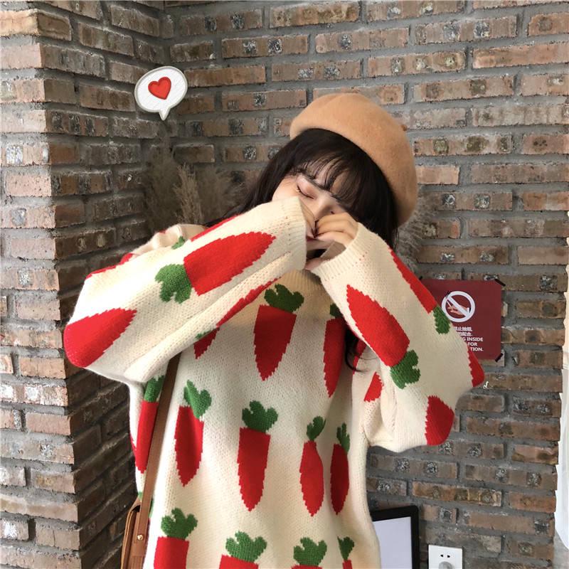 Autumn  Winter WOMEN'S Dress Korean Loose-Fit Versatile Fun Carrot Pattern Sweater Pullover Sweater