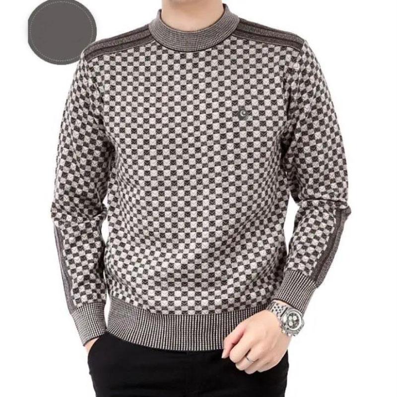 Men's Winter Warm Thick Sweater Round Neck Pullover Plaid Sweater