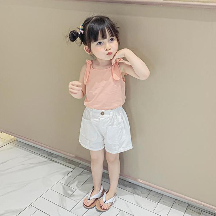 Summer Kids Cute Solid Vest Sleeveless Bow Tops Korean Style Slash Neck Loose Camisole Inside Out for Children Girls