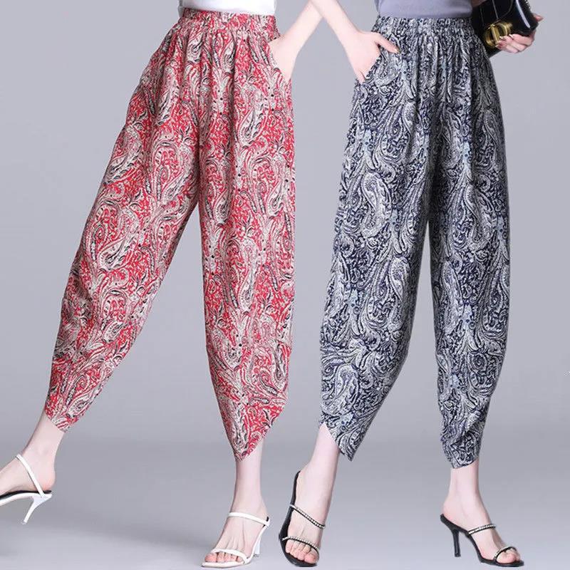 Nine Points Casual Pants Summer Loose Drape Harem Pants Printed Chiffon Wide-leg Pants Women's Pants Thin Bloomers