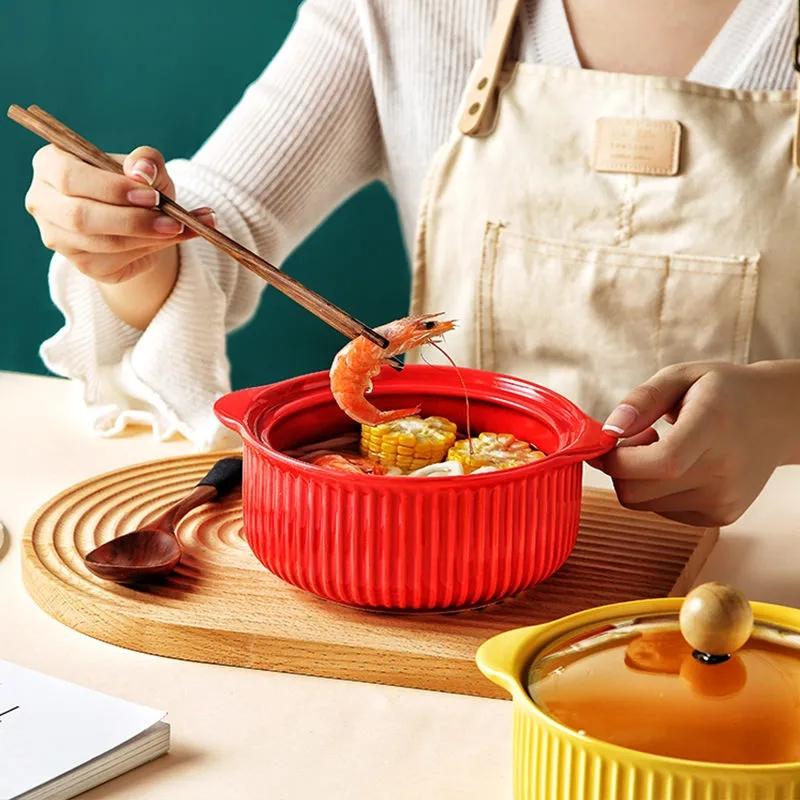 Nordic Style Ceramic Instant Noodle Bowl with Lid Binaural Soup Bowl Student Dormitory Rice Bowl Large Fruit Dish