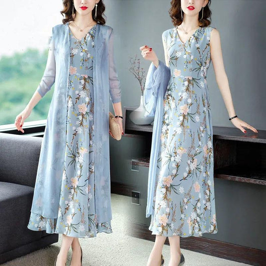 Chiffon Dress Tulle Long Cardigan Two-piece Set Women's Summer Sleeveless Floral Priting Dress+Sunscreen Thin Coat Elegant Anti-UV Sun Dress Suit