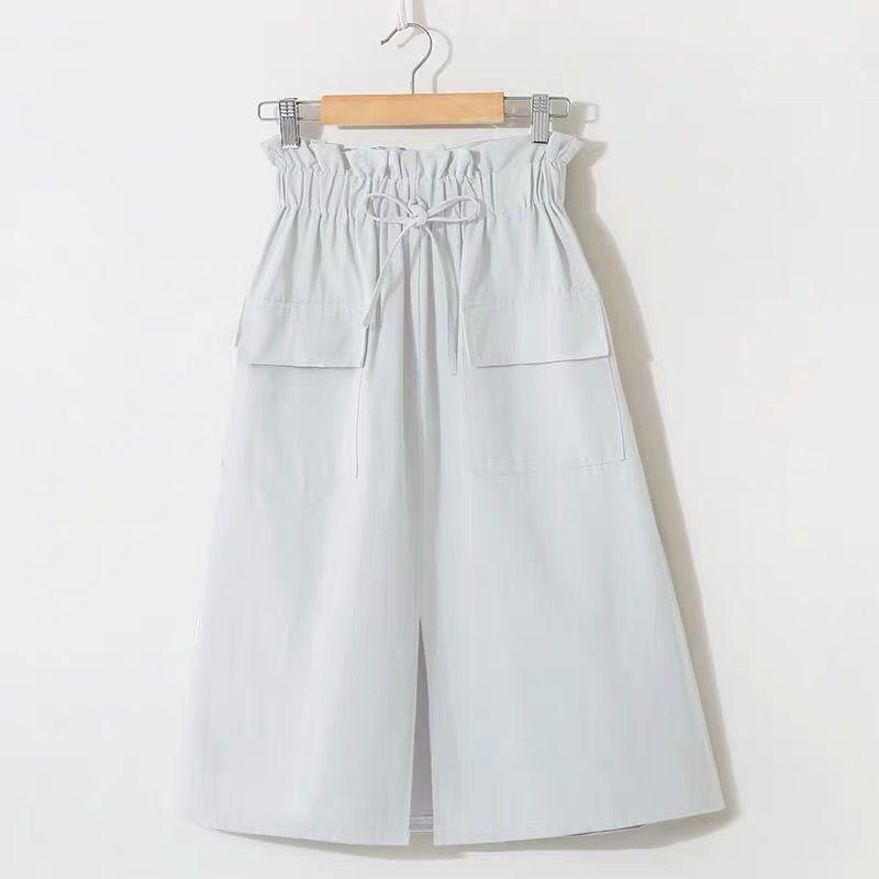 Spring Chic Midi Skirt Female 2020 Summer Pleated High Waist Long Green Skirts Women Double Pockets Beige Korean Skirt Female