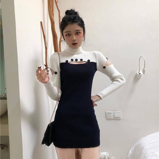 Autumn and Winter New Half-necked Knit Dress Female Short Skirt Bottoming Sweater Skirt Sexy Skirt