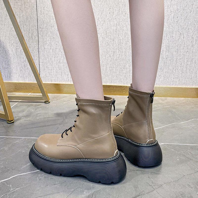 Autumn and Winter Leather Sponge Cake Thick-soled Martin Boots Thin Single Boots Heightening Short Boots All-match