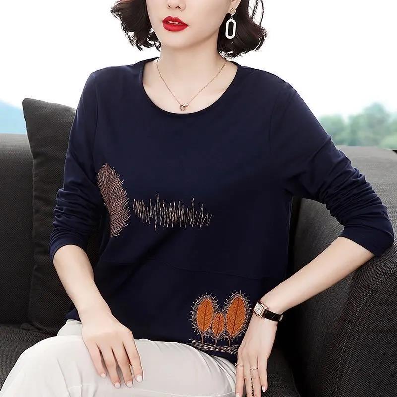 Women's Long-sleeved T-shirt Loose Round Neck Top Women Spring and Autumn Solid Color Bottoming Shirt