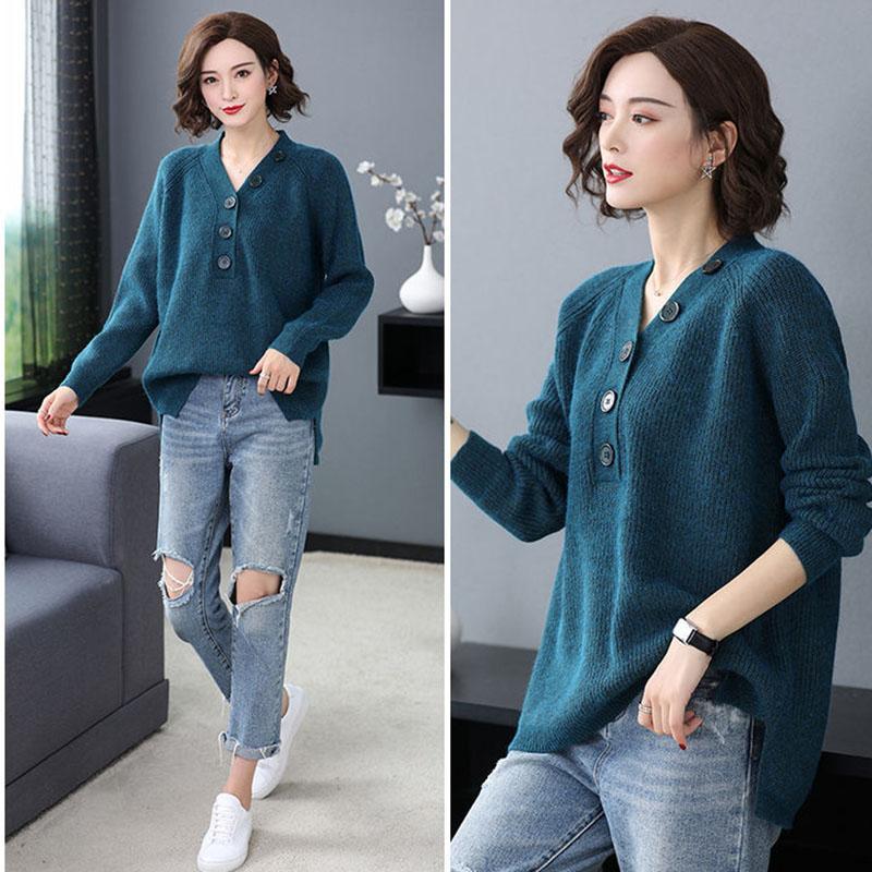 Spring and Autumn V-neck Loose Top Solid Color Plus Size Sweater Simple Casual Women Bottoming Shirt