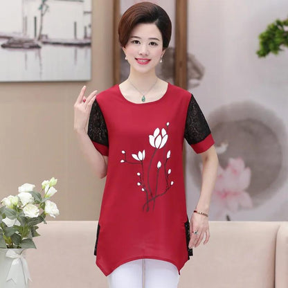 Middle-aged and Elderly Women's Large Size Summer Chiffon Short-sleeved T-shirt Mid-length Bottoming Shirt Top
