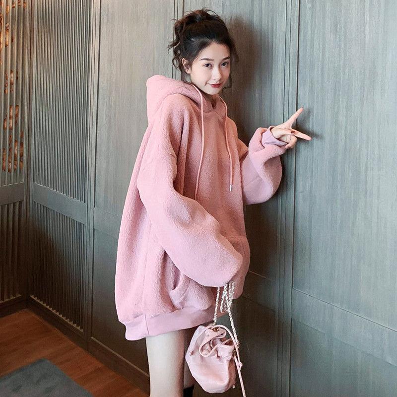 Autumn and Winter Lamb Wool Sweater Female Students Loose Long-sleeved Jacket Hooded Sweater Women