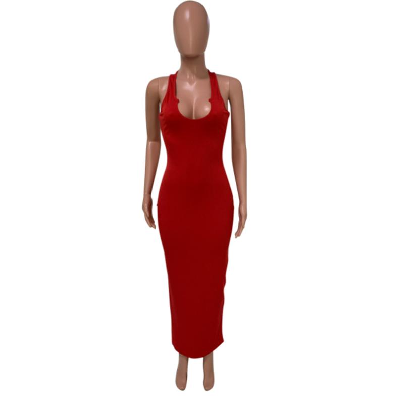 Spring and Summer Sling Dress Slim Sexy Long Dress Low-cut Solid Color Standard Size High Elasticity