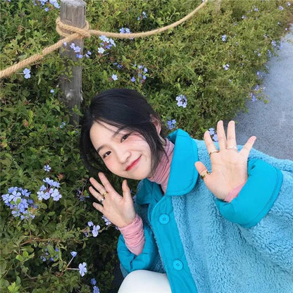 Ice Blue and White Two-sided Coat Women Korean Style Square Collar Loose BF Wind Padded Coat Women