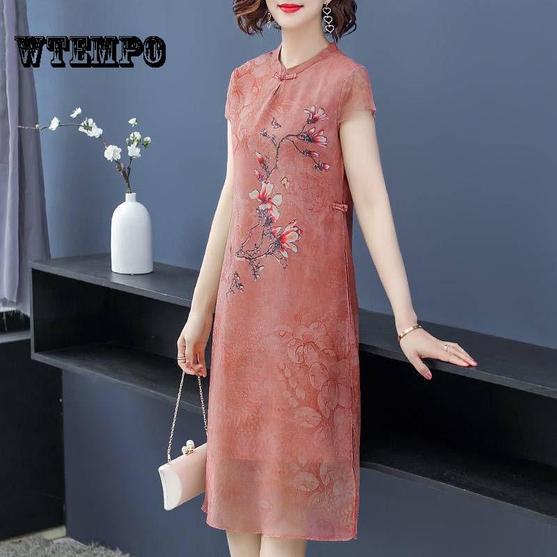 Dress New Wide Wife Cheongsam Middle -Aged Female Summer Dress Long Dresses Qipao