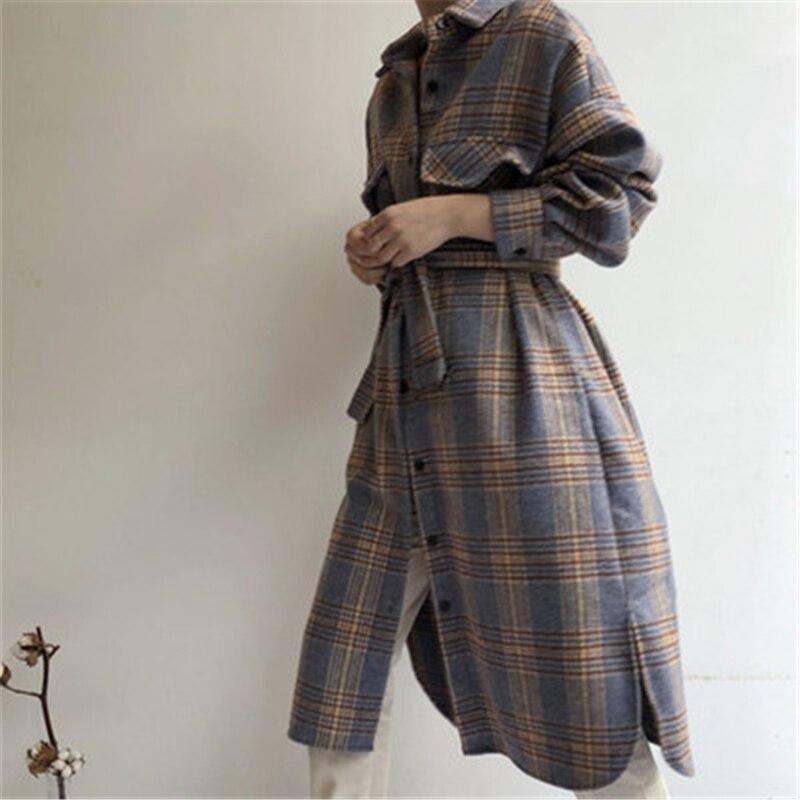 Fashion Plaid Long Woolen Coats Women Winter Korean Casual Loose Single Breasted Jackets Females Streetwear Outwear