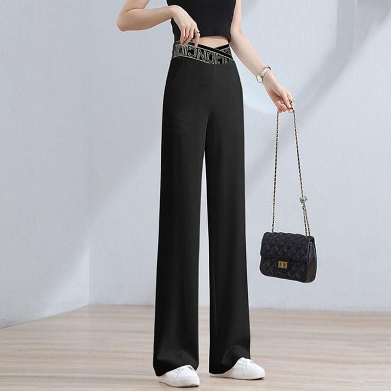 Impermeable White Ice Silk Wide-leg Pants Female High-waist Drape Letter Waist Summer Loose and Thin Chiffon Straight Trousers