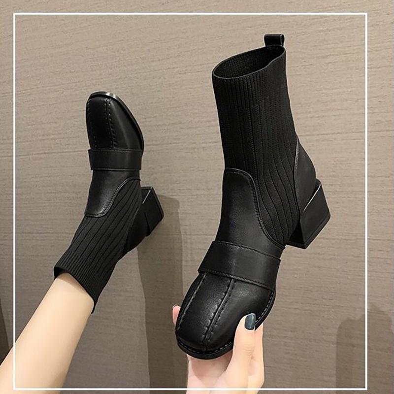 Women's Thick Heel Fashion Boots Autumn and Winter Trend All-match High-heeled Boots Short Tube High-top Shoes Microfiber Sock Boots