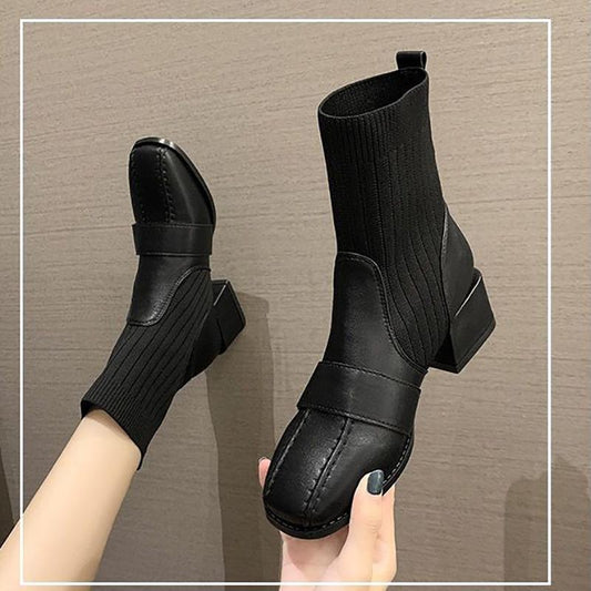 Women's Thick Heel Fashion Boots Autumn and Winter Trend All-match High-heeled Boots Short Tube High-top Shoes Microfiber Sock Boots