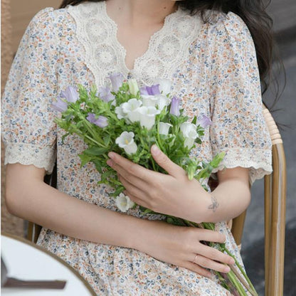 Puff Sleeve Floral Skirt Summer V-neck Chiffon Dress Long Women's Dress