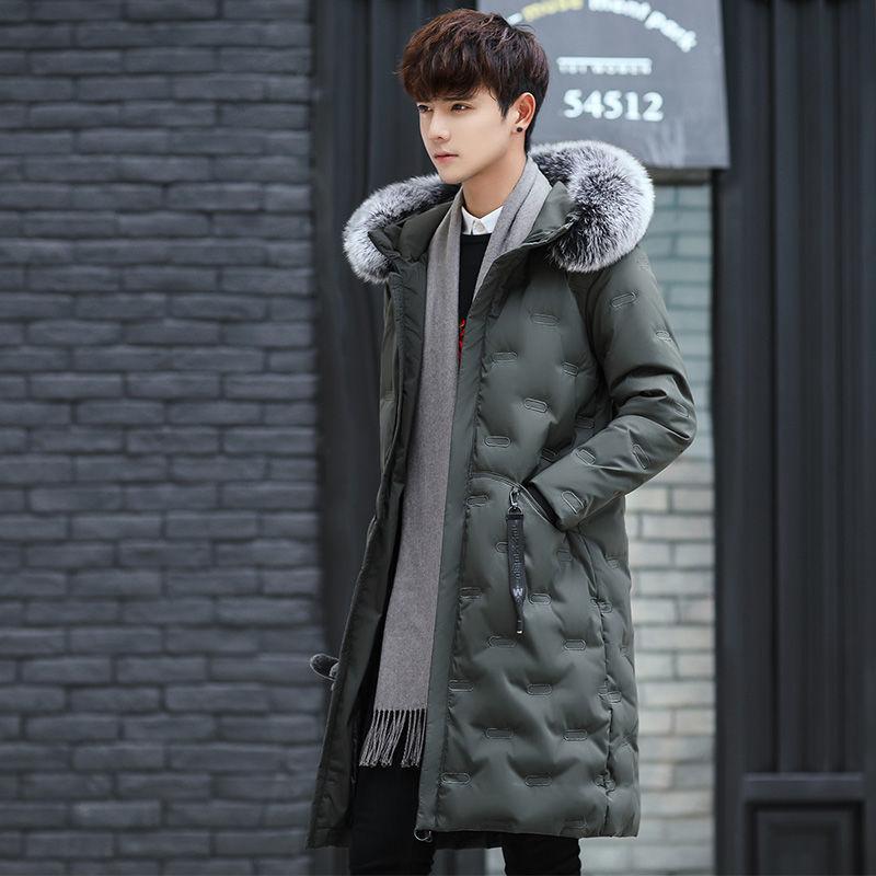 Down Jacket Men's Mid-length Winter Thick Hooded White Duck Down To Keep Warm Korean Style Loose Casual Fashion Big Fur Collar Down Jacket Trend
