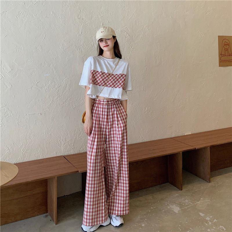 Two-piece Suit Women Summer Fashion All-match Short-sleeved T-shirt Loose Plaid Wide-leg Pants Casual  Comfortable