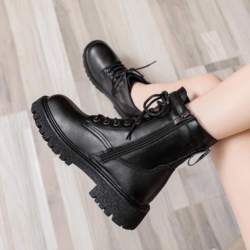 Leather Boots Women Winter Shoes Black Ankle Booties Platform Shoes Fashion Fall Shoes Flat Warm Fur Boots
