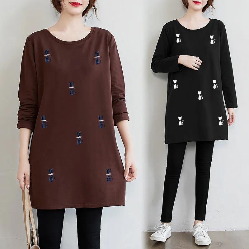 Fashion Women Long Sleeve Embroidered Solid Polyester T-Shirt Autumn  Femininas Basic Tops Loose Chemise Tunic Pullover